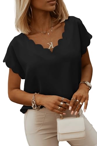 miduo Womens Scallop Trim Summer Fashion Solid Short Batwing Sleeve V Neck Blouses Tops