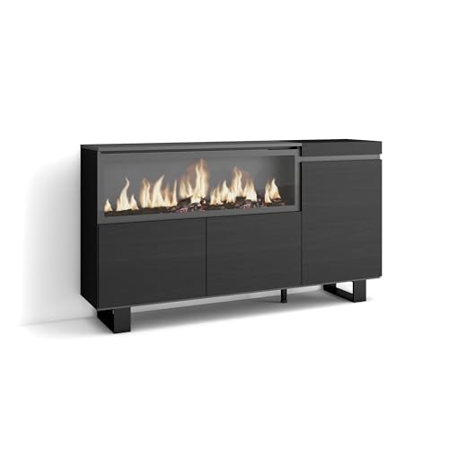 Skraut Home | Aparadores para salón | Gran Capacidad de almacenaje | 160 | 3 Puertas | Chimenea eléctrica XXL | Diseño Industrial | Estilo Moderno | Negro