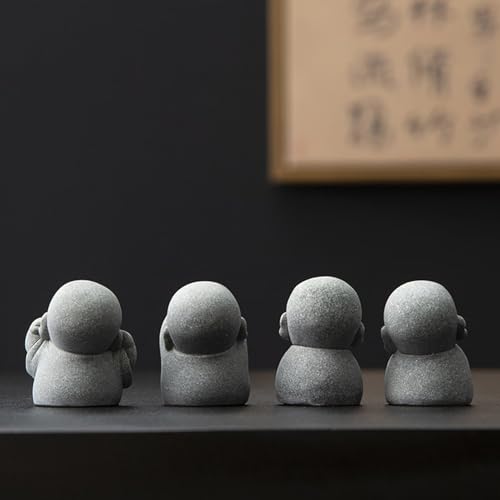 UTTCMK Laughing Buddha Statue Decor - 4Pcs Small Zen Monk Sandstone Buddha Sculpture for Wealth Good Luck Feng Shui Decor, Cute Zen Decoration for Home Office Desk Indoor and Outdoor(Gray)