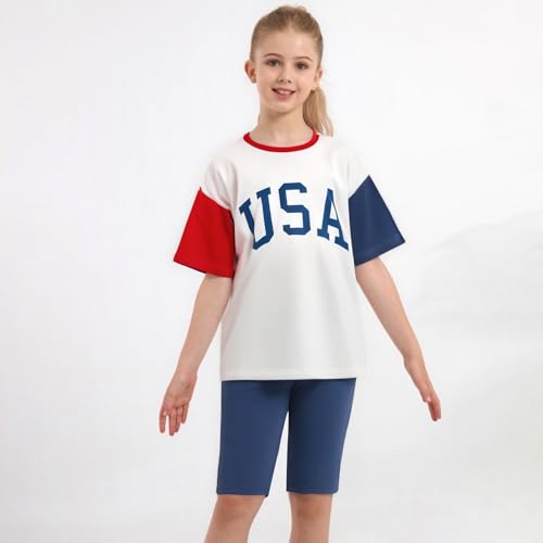 Image of Weixinbuy Girls 4th of July Outfit 2 Piece Short Sleeve Oversized T-Shirt and Biker Shorts Kids Fashion Summer Colothes Set