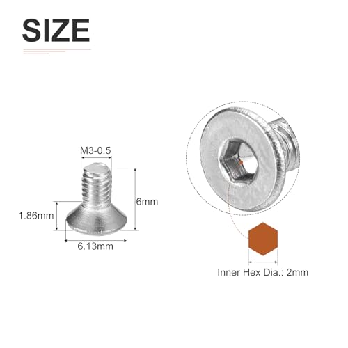 Image of DTGN M3-0.5 x 6mm Flat Head Socket Cap Screws, 100 Pack 304 Stainless Steel Hex Socket Flat Head Screws, Full Thread, Countersunk Bolts