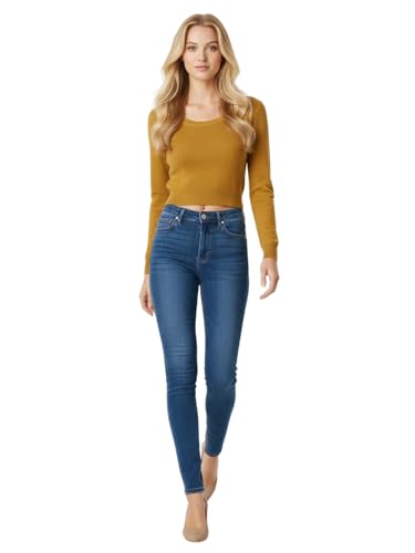 Image of Women's Crop Top Stretch Sweater - Long Sleeve Slim Bodycon Crewneck Casual Basic Solid Cropped Knit Pullover Top