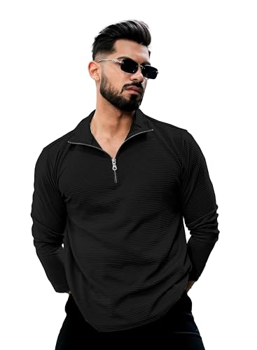 Image of KAJARU Men's Quarter Zip Pullover T-Shirt, Textured Ribbed Long Sleeve, Casual Mock Neck