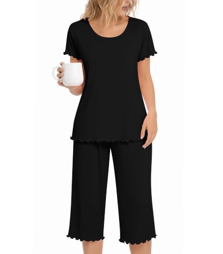 Image of NACHILA Women's Bamboo Viscose Pajama Sets Summer Cooling Short Sleeve Capri Soft Pjs Night Sweats Moisture Wicking Sleepwear