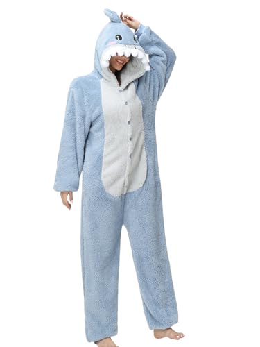 chuangminghangqi Pijama de una pieza para mujer, largo de invierno, disfraz de animal, disfraz para adultos, mono para mujer, pijama de forro polar, con capucha, Tiburón, M