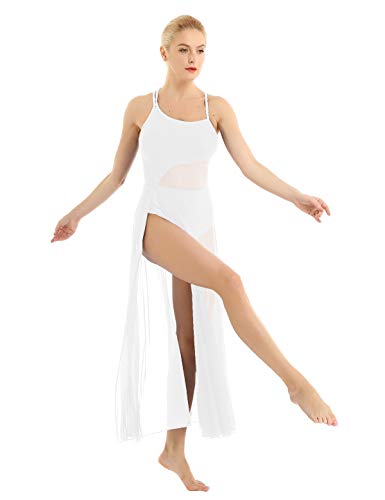 ACSUSS Women Camisole Lyrical Ballet Dance Dress Leotard Costume with Mesh Panel White X-Large