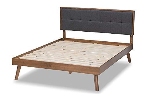 Wholesale Interiors Baxton Studio Alke Mid-Century Modern Dark Grey Fabric Upholstered Walnut Brown Finished Wood King Size Platform Bed #TOP4