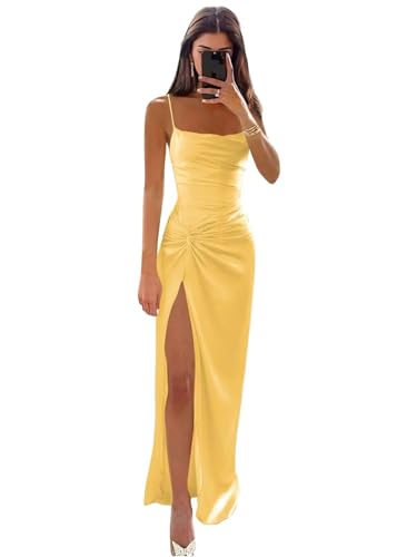 Square Neck Mermaid Bridesmaid Dresses for Wedding Spaghetti Straps Pleated Backless Prom Dress Ball Gown with Slit