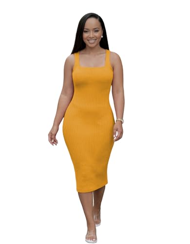 Image of TOPSRANI Women Sexy Midi Dress Bodycon Casual Sleeveless Basic Ruched Tank Summer Club Party Dresses