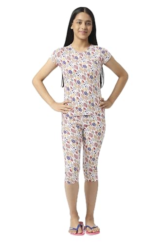 Image of SINI MINI Round Neck with Half Sleeve Top & Capri Beige Girls Casual Pack of 1 Night Suit Set