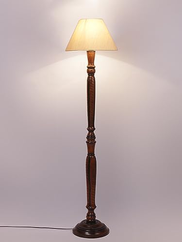 Image of Devansh Off-White Cotton conical Wooden Floor lamp -16
