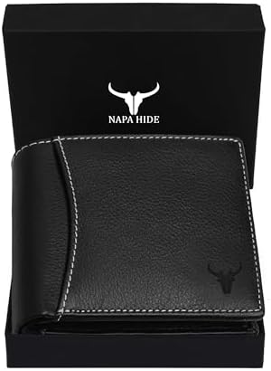 NAPA HIDE Black Leather Wallet for Men I 6 Credit/Debit Card Slots I 2 Currency Compartments I 1 ID Window I 2 Secret Compartments I 1 Coin & Zip Pocket