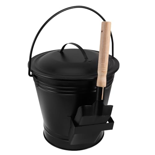GRIRIW Seau à Cendres Métal 5l avec Couvercle et Pelle Anti-brûlure, Kit Nettoyage Cheminée Poêle Bois Intérieur Extérieur, Outil Entretien Foyer Solide et Sécuritaire