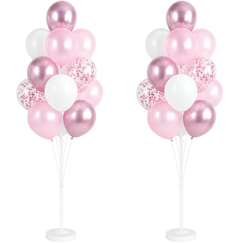 Image of Balloon Column Stand Kit with 10inch Metallic Pink Confetti Balloons, Base&Pole,Balloon Column Kit for Floor&Table Decoration for Party Wedding Bridal Baby Shower Birthday