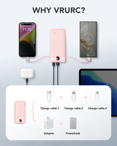 VRURC-Portable-Charger-Built-in-Cables-and-AC-Wall-Plug-USB-C-Power-Bank-10000mAh-2023-Upgraded-Version-Phone-Charger-Compact-Lightweight-External-Battery-Pack-for-Smart-Phones-Tablets-etc-Pink