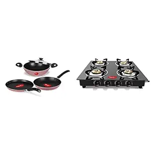 Pigeon Basics Non stick Aluminium Non Induction Base Cookware set, including Dosa Tawa, Kadai With Glass Lid, and Frying Pan(Pink) & Aster 4 High Powered Brass Burner Gas Stove, Cooktop with Glass Top