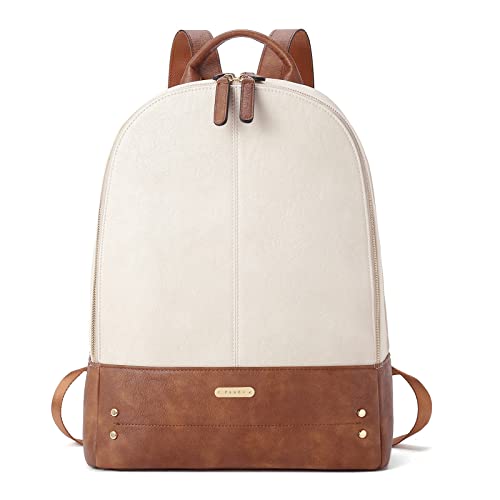 Image of CLUCI Laptop Backpack for Women Leather 15.6 inch Computer Backpack Travel Vintage Large Bag Beige With Brown