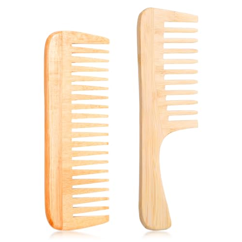Gjinxi 2 peines de dientes anchos de bambú, juego de peines de bambú natural, cepillos de pelo pequeños, peine grande para desenredar el cabello, peine de rizos de madera, peine antiestático de madera