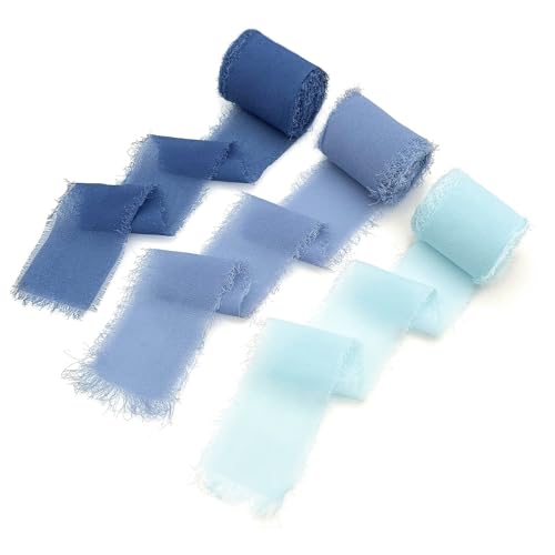 JZK 3 rollos de cinta de gasa con borde crudo azul, 5 m/rollo, cintas de regalo de gasa deshilachada de 4 cm de ancho para regalos, cinta de invitación de boda, juego de cintas de envoltura de