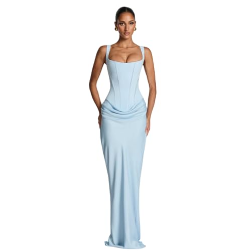 Womens Corset Prom Dress Long Mermaid Formal Gown Square Neck Spaghetti Strap Bodycon Evening Dress (Light Blue 4)
