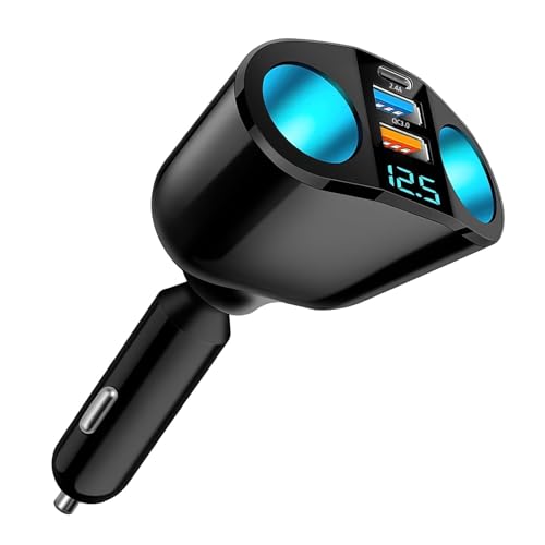 120W USB C Auto Ladegerät Zigarettenanzünder Verteiler, QC3.0 PD 12V/24V Kfz-Handyladegeräte Doppelsteckdose Zigaretten Adapter, Autoladegerät Splitter mit LED Voltmeter für Handy Kamera Tablet