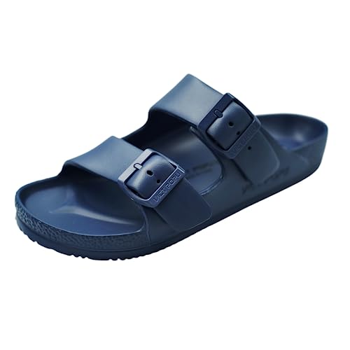 VICT POPU Womens Sandals Adjustable Double Buckle Strap Waterproof EVA Flat Slides 6 Dark Blue