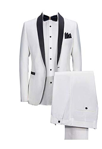 Mens White with Black Shawl Lapel Slim Fit Dress Suit Set Single Breasted Blazer Jacket Pants Tux