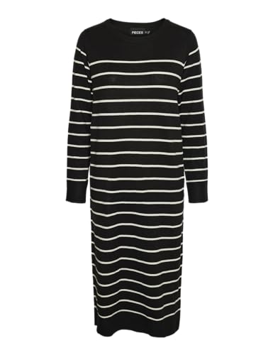 PIECES Pcjoy LS O-Neck Knit Midi Dress Mm Vestido, Negro/Rayas: Cloud Dancer, M Mujeres
