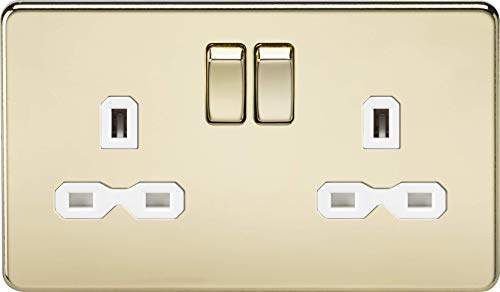 Knightsbridge SFR9000PBW 13 A 2G Screw Less DP Polished Switched Socket with White Insert - Brass