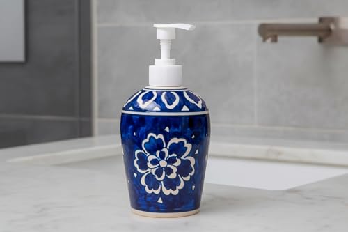 Image of HS HINDUSTANI SAUDAGAR Royal Blue Flower Ceramic Liquid soap Dispenser 500ml Handmade Hand wash Bottle for Bathroom Kitchen Sink wash Basin Shampoo Lotion Dispenser Ideal for Decor Daily use & Gift.