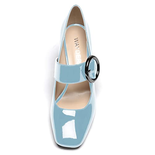 Wayderns Women's Light Blue Buckle Mary Jane Square Toe Patent Leather Block High Heel Adjustable Strap 3 Inch Pumps Shoes Size 7.5 - Zapatos De Mujer Tacon #TOP2