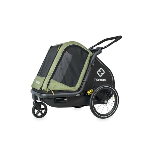 Hamax - Remorque Chien Pluto M Vert/Noir - Transport Animaux Confortable - Suspension Réglable - Kit Poussette Inclus - Facilement Pliable - Sécurité Optimale - Fixation Vélo/Poussette