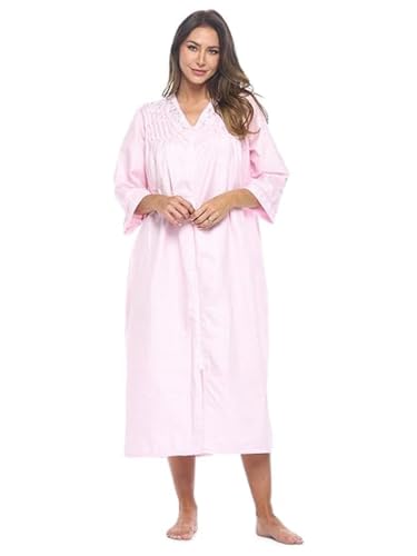 Image of Casual Nights Women's Zip Front Woven House Dress | 3 /4 Sleeves Housecoat Long Duster Lounger
