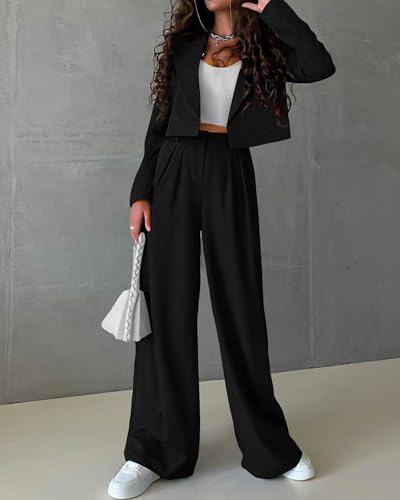 KIRUNDO Business Casual Outfits for Women 2025 Fall 2 Piece Cropped Blazer Jackets Wide Leg Pants Suit Sets Work Clothes