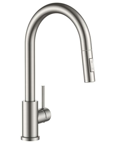 FEECOOL Kitchen Faucet with Pull Down Sprayer, Modern High Arc Single Handle Kitchen Sink Faucet, Brushed Nickel Stainless Steel with Deck Plate for 1 or 3 Hole, Fit for Bar Laundry Camper