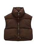 FindThy Women's Padded Down Vest Retro Stand Collar Puffy Zip Up Crop Jacket(0244-Brown-S-LB)