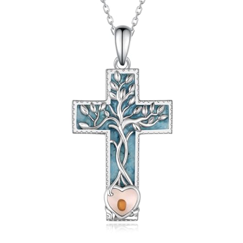 Turquoise Cross Necklace 925 Sterling Silver Faith Mustard Seed Tree of Life Necklace for Women Christian Jewelry Faith Based Gifts
