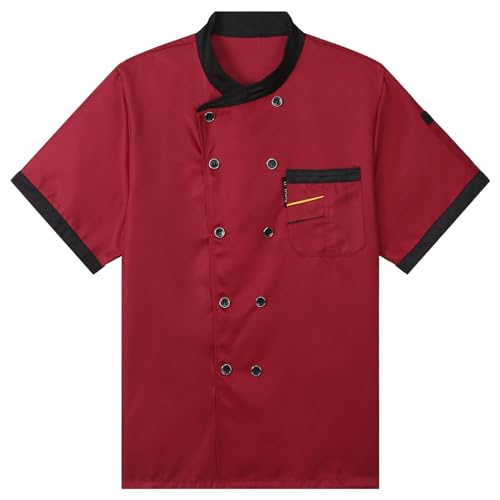 YEAHDOR Unisex Men's Women's Short Sleeve Chef Coat Hotel Kitchen Restaurant Chef Uniform Jacket Burgundy D XX-Large