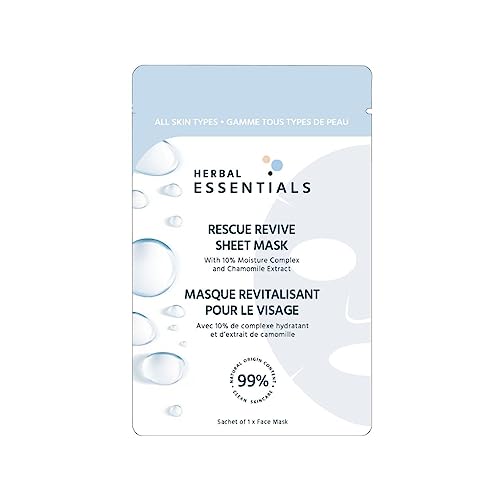 Herbal Essentials Rescue Revive Sheet Mask 1 Mask - Made with Argan Oil & Chamomile, 99% Natural Ingredients, 100% Pure Vegan & Cruelty Free, Nourish & Hydrate Skin, Made in South Korea
