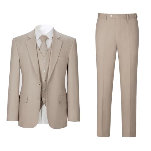 Men's Herringbone Linen Suits Beach Wedding Tuxedo Summer Slim Fit Light Weight 3 Pieces Blazer Jacket Vest Pants Tie Set （Sand Color 5XL）