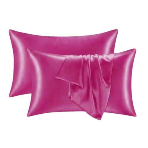 Image of RAGGLE Satin Silk Pillowcase for Hair and Skin Standard Size 18 inchX 28 inch with Soft Breathable Smooth Cooling Pillow Covers for Sleeping or Pillow Protector (2, Rani Pink)