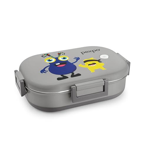 Image of Go24 pexpo Tango Monster(Blue) Printed Stainless Steel Insulated Tiffin Box for Kids (650ml) and Small Container (150ml) with Spoon - Grey| | Anti-Skid Rubber Base| Kids Lunch Box for School, Picnic