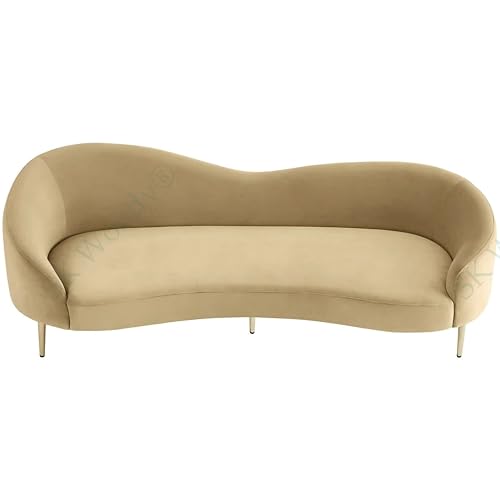Image of Rosewood Luxury Curved Sofa in Premium Velvet-Fabric | Solid Wood Structure | High Density Foam | Sturdy Golden Legs | Comfortable & Stylish Couch for Modern Living Room (Camel, 3 Seater)