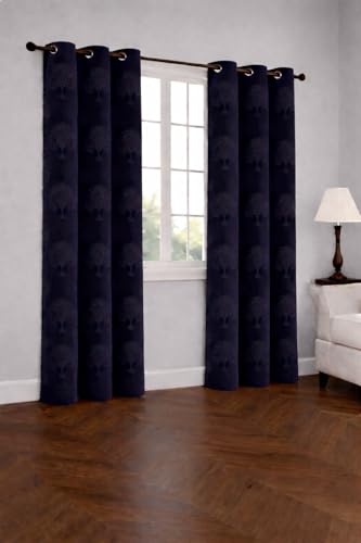 Image of Velvet Door Curtains 7 Feet Set of 2 | Solid |Thermal Insulated Parda |Eyelet Ring Curtain for Living Room, Bedroom & Study|(152 x 213 cm)|Perfect for Home Decor (Navy Blue, 7)