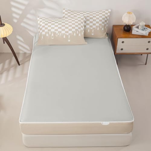 Image of Beige Tan Checkered Zipper Bedding Twin - 4 Piece Zip Up Comforter & Fitted Sheet Set with 2 Pillowcases, Bed in a Bag for Boys & Girls,Checkerboard Drip Grunge Aesthetic Geometric All Season
