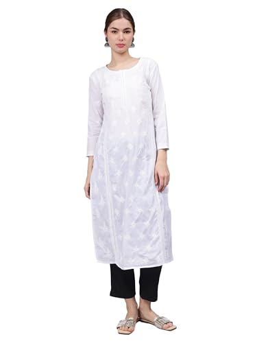 Image of Seva Chikan Hand Embroidered Lucknowi Chikankari Cotton Straight Kurta for Women SCL4567