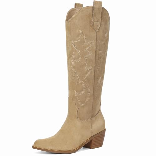 Erocalli Western Cowboy Knee High Wide Calf Cowgirl Boot Pointed Toe Chunky Heel Fashion Classic Pull On Tall Boots