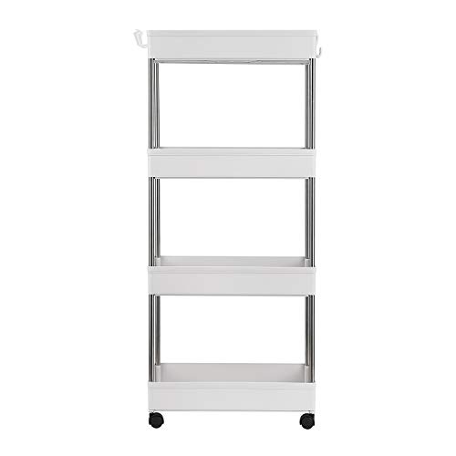 Slim Storage Cart 4 Tier Mobile Shelving Unit Organizer, Utility Rolling Shelf Cart with Wheels for Bathroom Kitchen Bedroom Office Laundry Narrow Places,White