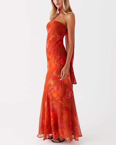Image of Women Strapless Floral Dress with Sarf Mesh Tube Maxi Dress Summer Cocktail Wedding Guest