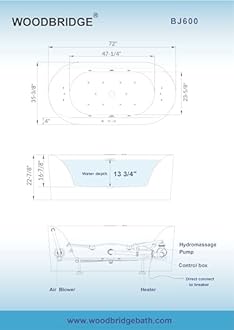WOODBRIDGE 72" x 35-3/8" Whirlpool and Air Bath Heated Soaking Combination Tub with Adjustable Speed Air Blower and Display Control Panel, BJ600